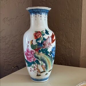 Vintage Chinese porcelain 20th century  vase, floral Phoenix design calligraphy